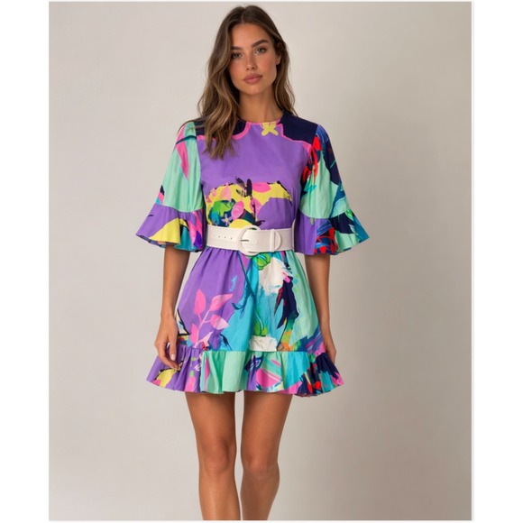 Leo Lin Sydney Dresses & Skirts - Leo Lin Illusory Mini Dress Belted Flutter Sleeve Ruffle Hem Abstract Print 6